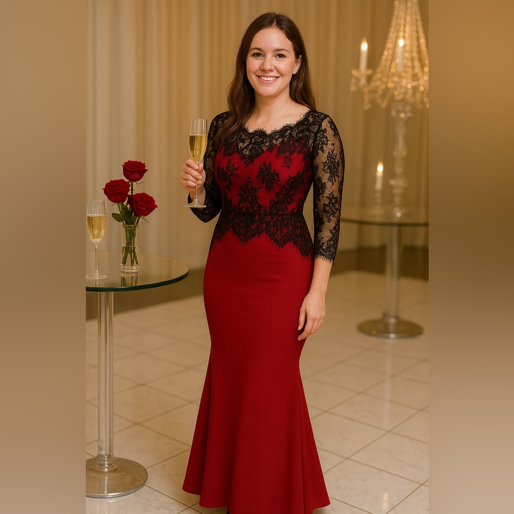 Chic Long Sleeve Red Dress with Black Lace